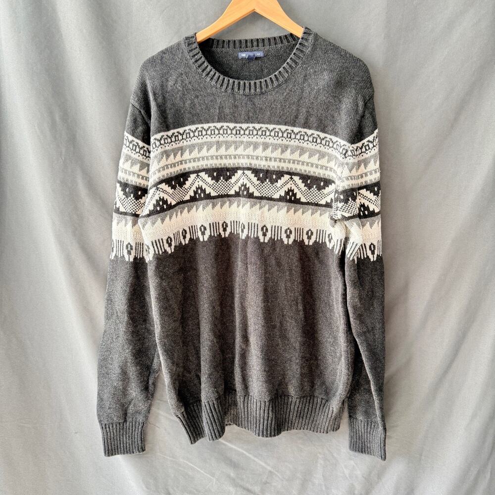 GAP Men’s Sweater XL Charcoal Grey Fair Isle Nordic Geometric Crew Neck Pullover